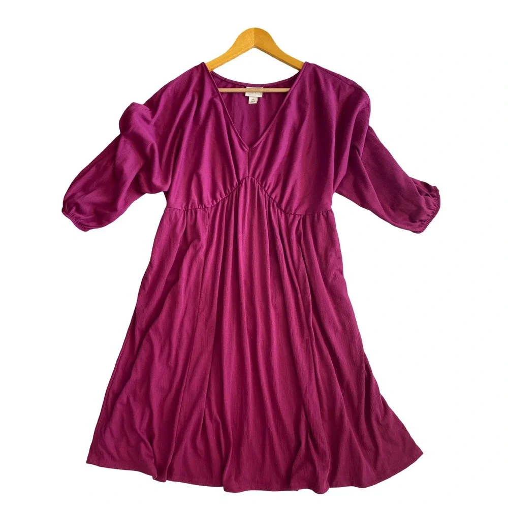 Ava & Viv Womens XXL Magenta Pink V-Neck Empire Waist 3/4 Sleeve Textured Dress - Picture 4 of 9